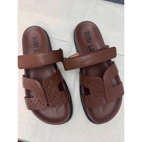 Bibi Lou Shoes - Bibi Lou Brown Leather Cut Slide Sandals Women 38 Flat 80132772 Spain size 7.5 8